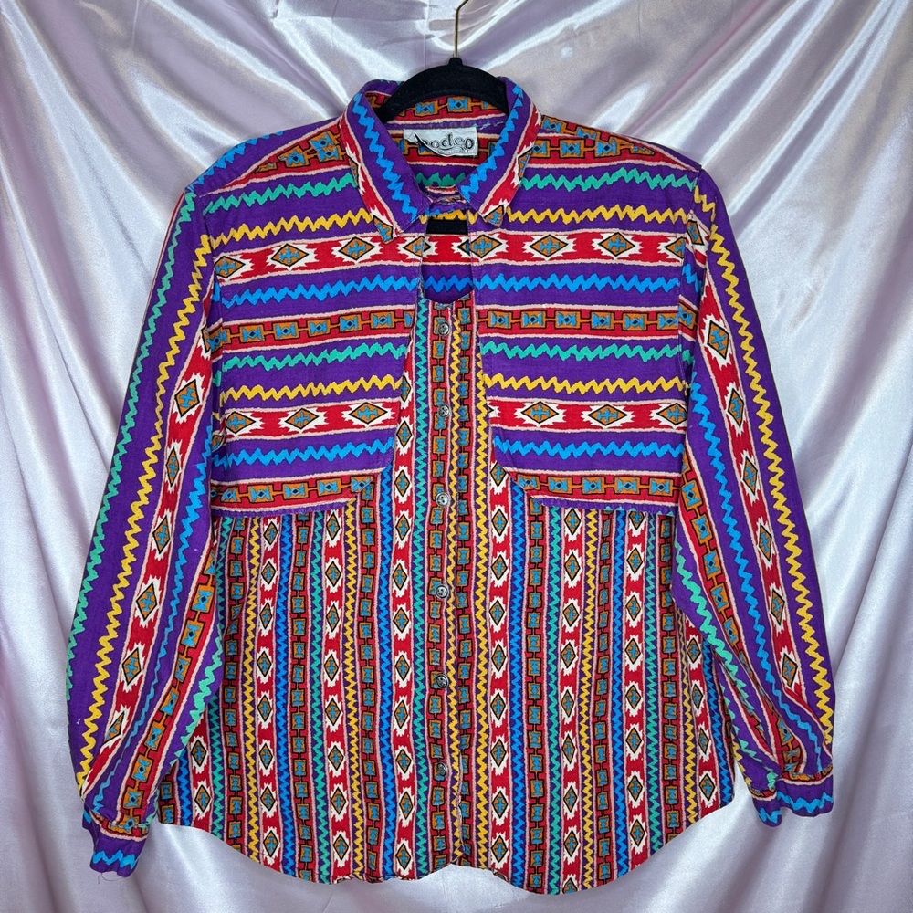 Vintage Rodeo Western Wear button up Shirt Cowgirl Aztec Pattern Sz M